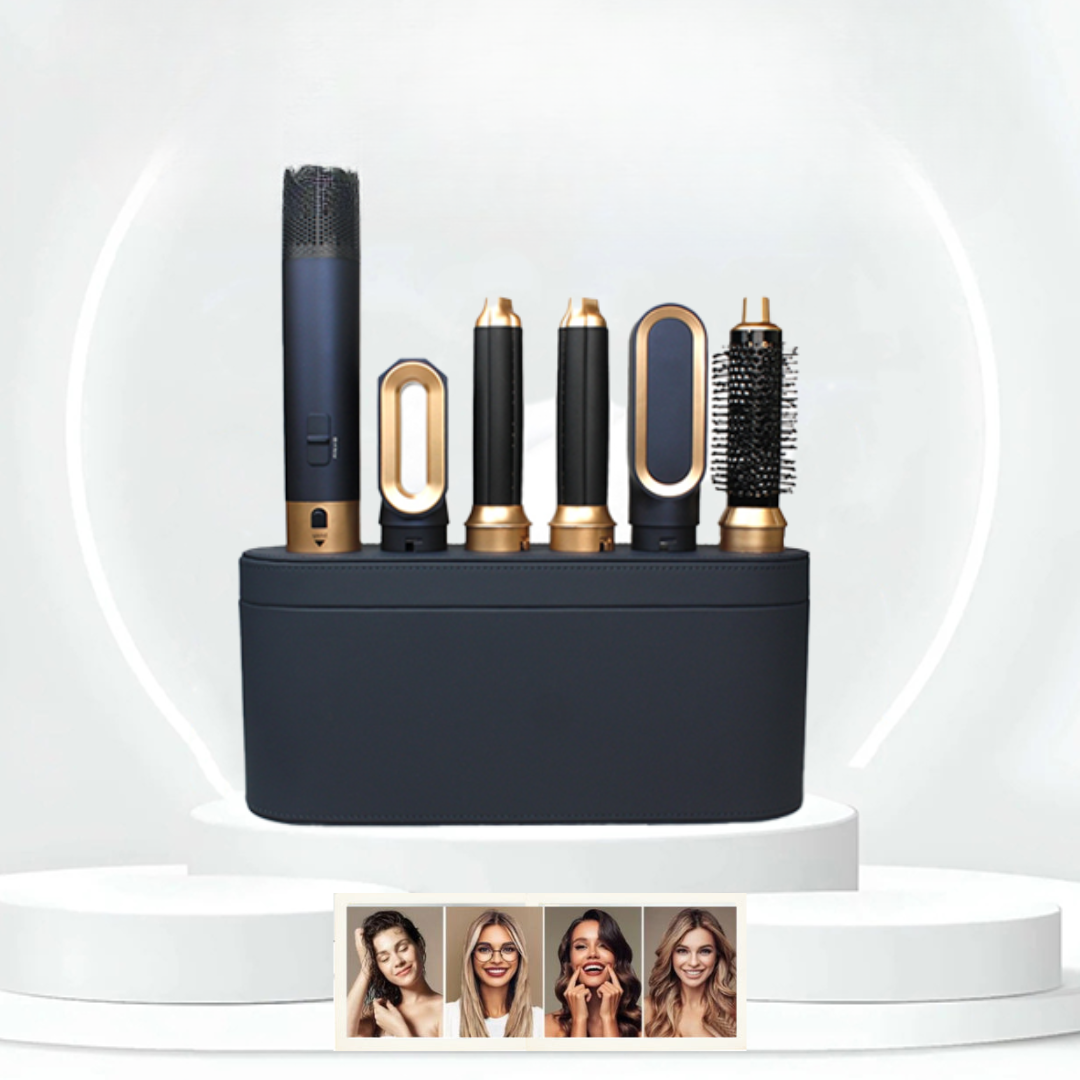 Handle and five attachments standing in a navy storage case on a white podium, with four smiling styled models below 1