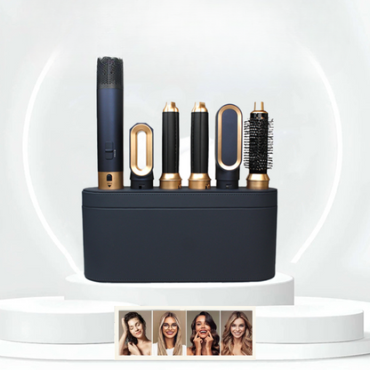 Handle and five attachments standing in a navy storage case on a white podium, with four smiling styled models below 1