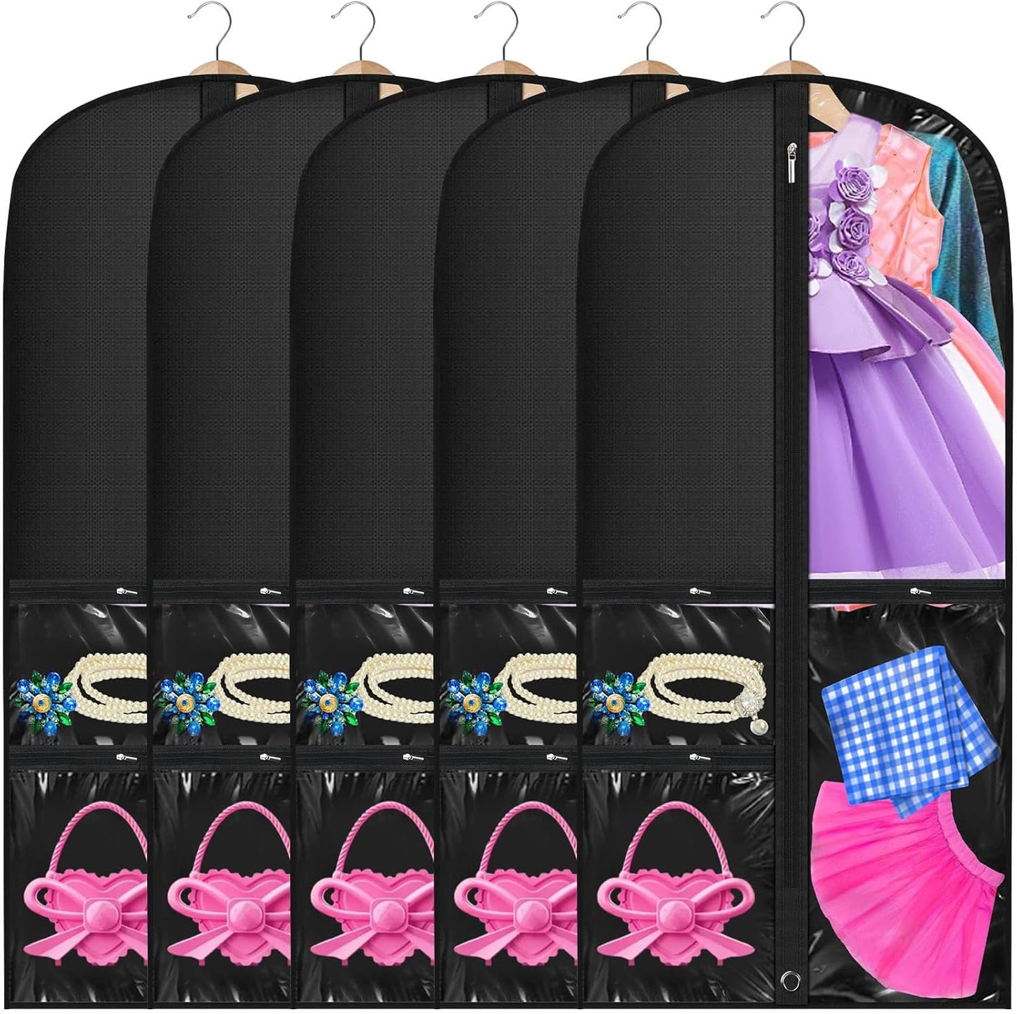 Dance and Costume Garment Bag Set – 5-Pack with Clear Pockets and Fold-Over Flap (Buy 1, Get 1 FREE)