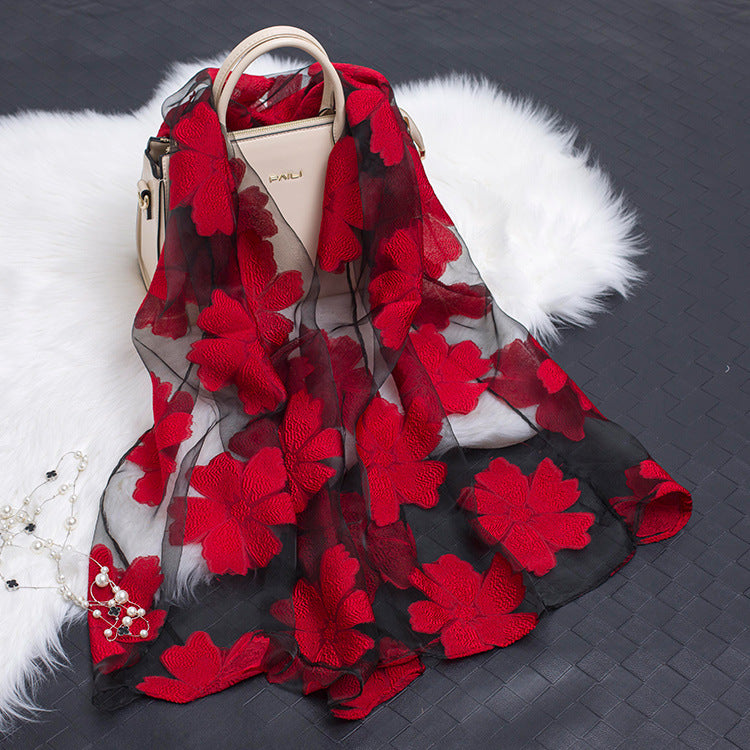 Autumnal ladies' silk scarf with floral pattern and cut-out design – Fiora (Buy one, get one free)