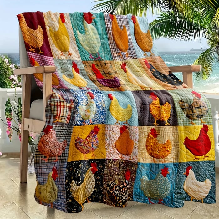 Colourful patchwork chicken blanket hung over a wooden chair on a terrace overlooking the sea 16