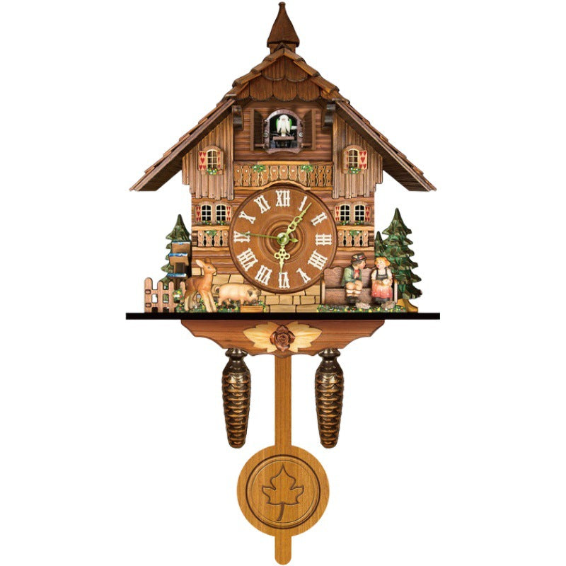 Wall clock in a wooden chalet design with Roman numeral dial, deer, pig, couple on a bench, fir trees and maple-leaf pendulum. 11