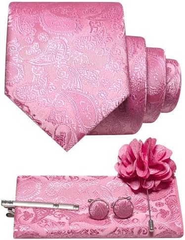 Bright pink paisley tie set flat lay: rolled tie, folded pocket square, tie clip, cufflinks and flower lapel pin. 26