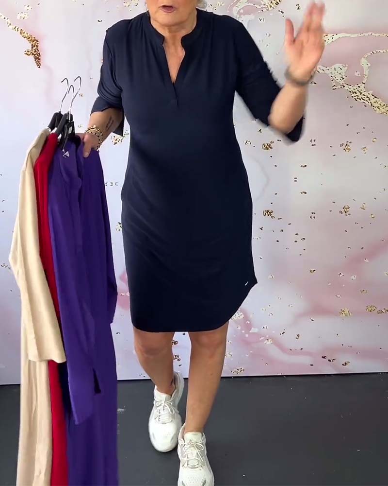 Stylish women's midi dress with V-neck and convertible sleeves – Naria