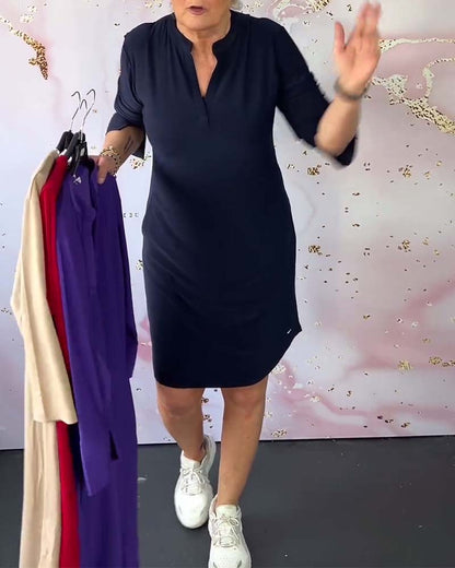 Stylish women's midi dress with V-neck and convertible sleeves – Naria