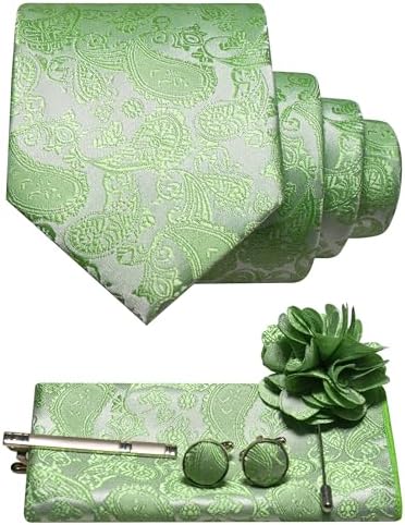 Light green paisley tie set flat lay: rolled tie, pocket square, tie clip, cufflinks and flower lapel brooch. 22