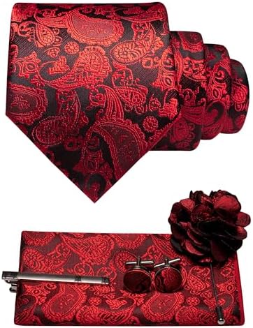 Red and black paisley tie with matching pocket square, cufflinks, tie clip and flower lapel pin. 8