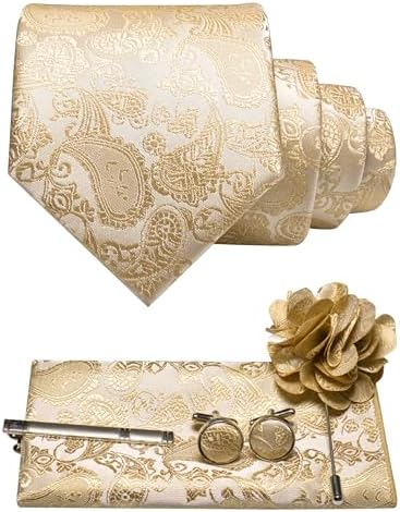 Champagne and gold paisley tie with matching pocket square, cufflinks, tie clip and flower lapel pin arranged together. 2