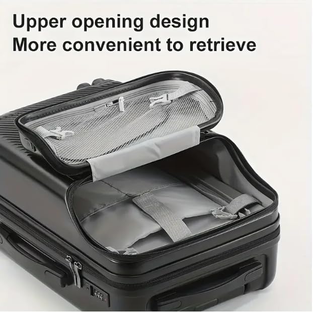 Hard-shell hand luggage with cup holder, USB port and TSA-approved lock.