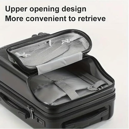 Hard-shell hand luggage with cup holder, USB port and TSA-approved lock.