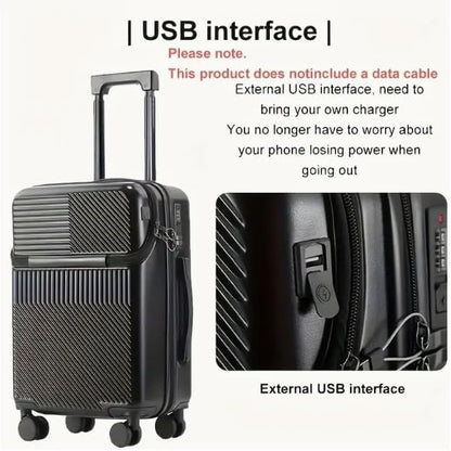Hard-shell hand luggage with cup holder, USB port and TSA-approved lock.