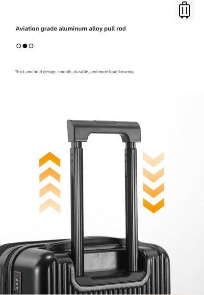 Hard-shell hand luggage with cup holder, USB port and TSA-approved lock.