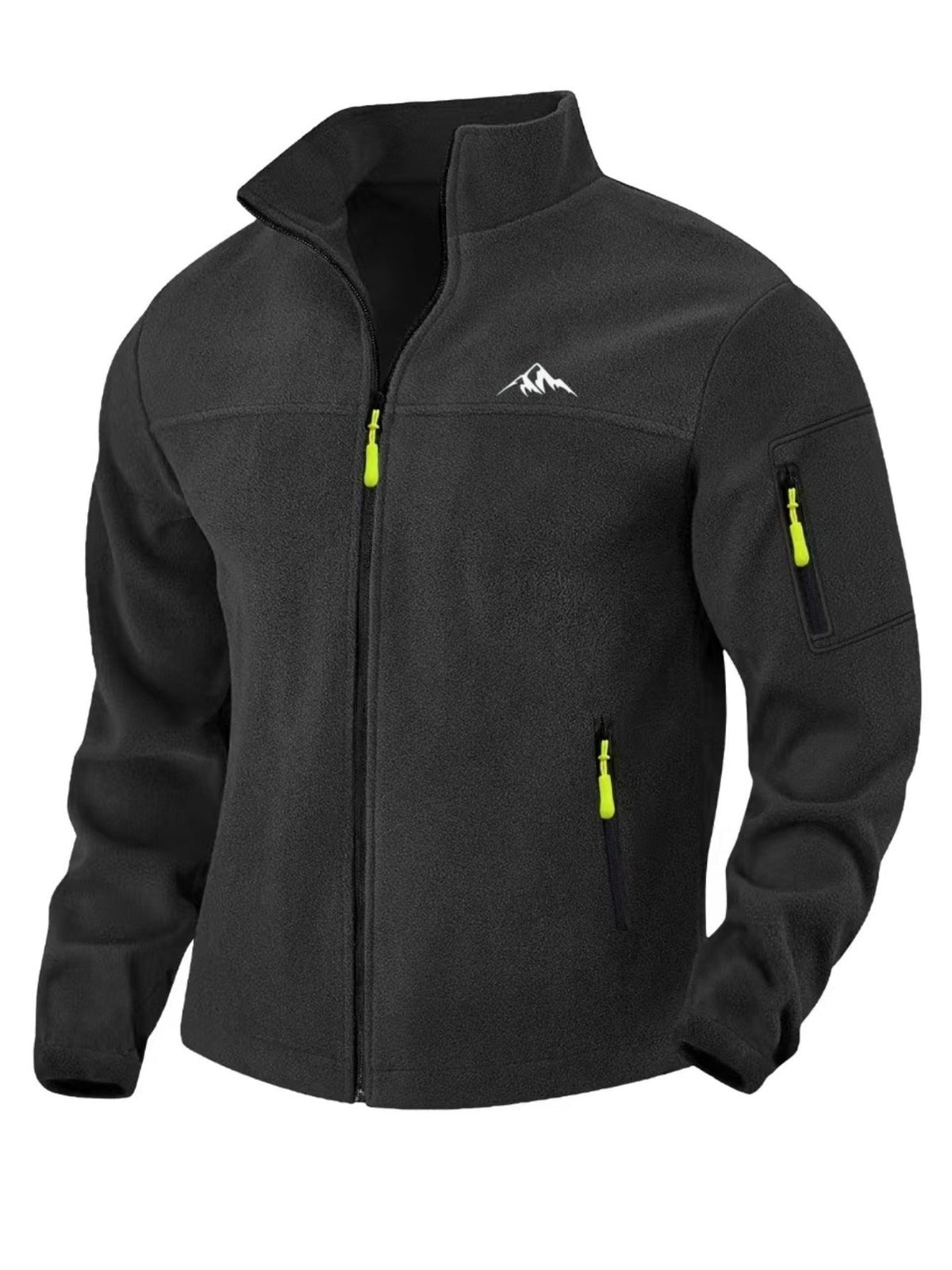 Front view of the black fleece jacket with stand collar and full zip, finished with bright yellow-green zip pulls. 6