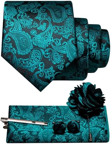 Teal paisley on black tie set flat lay with pocket square, tie clip, cufflinks and flower brooch. 25