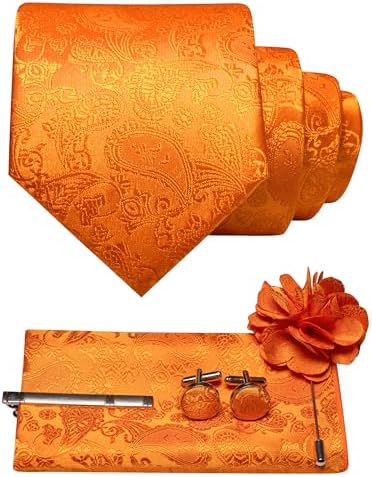 Vivid orange paisley tie set including pocket square, cufflinks, tie clip and flower lapel pin. 7