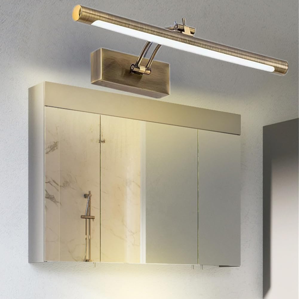 Round-tube brass light mounted above a bathroom mirror cabinet, shining a warm glow downwards 7