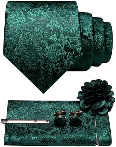 Deep emerald green paisley tie with matching pocket square, cufflinks, tie clip and flower lapel pin. 4