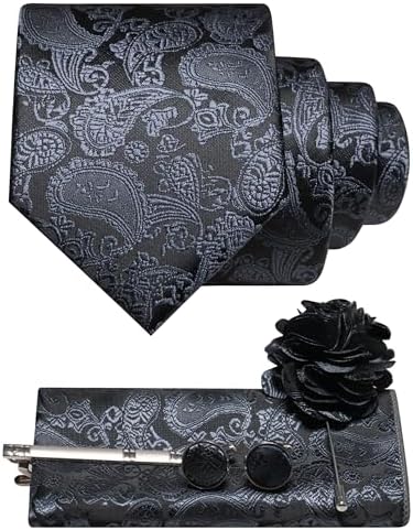 Charcoal grey and black paisley tie with pocket square, cufflinks, tie clip and flower lapel pin. 12