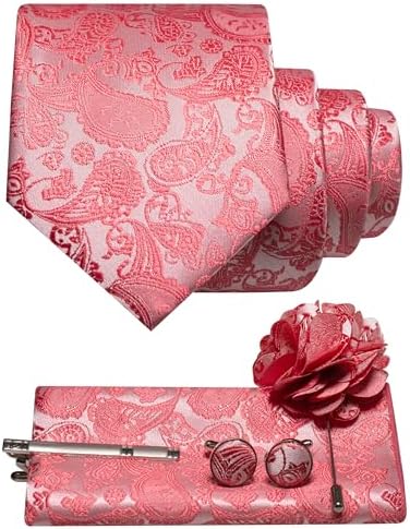 Coral pink paisley tie set with pocket square, cufflinks, tie clip and flower lapel pin laid flat. 3