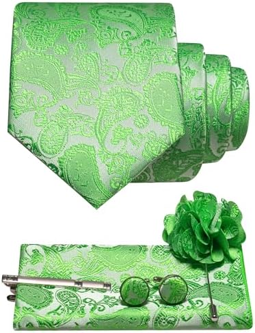 Lime green paisley tie set with pocket square, cufflinks, tie clip and flower lapel pin. 17