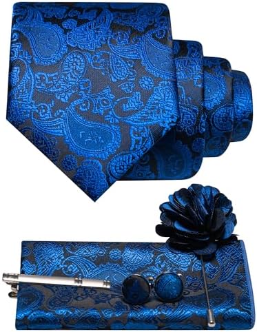 Blue and black paisley tie with matching pocket square, cufflinks, tie clip and flower lapel pin. 14