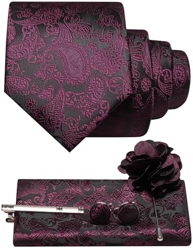 Burgundy paisley on black tie set with pocket square, tie clip, cufflinks and flower lapel brooch. 27