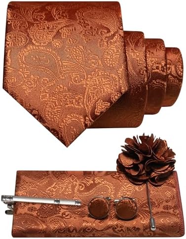 Rust copper paisley tie set with pocket square, cufflinks, tie clip and flower lapel pin laid flat. 15