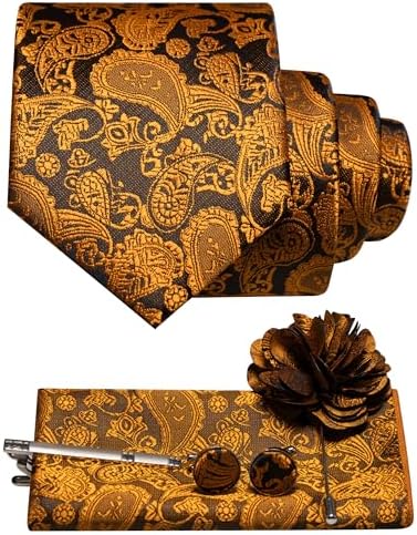 Orange gold and dark brown paisley tie set with pocket square, cufflinks, tie clip and flower lapel pin. 11