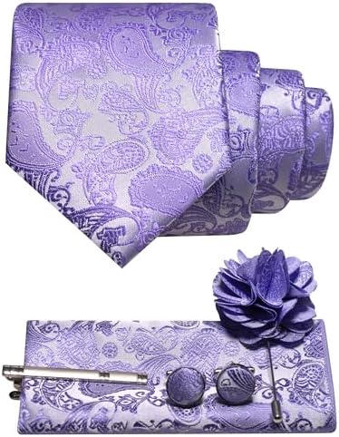 Lilac paisley tie set flat lay: rolled tie, pocket square, tie clip, cufflinks and fabric flower lapel pin. 21