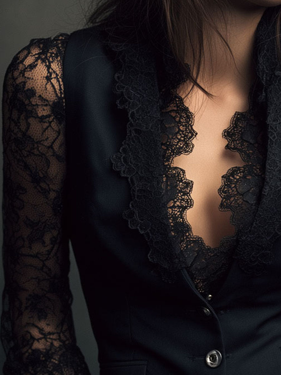 Close-up of the black version's scalloped lace collar, lace sleeve and top button 17