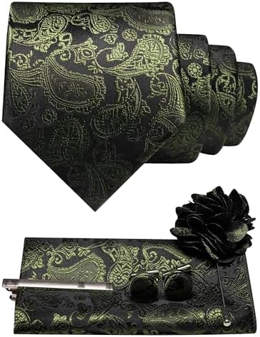 Dark olive green paisley on black: tie, pocket square, tie clip, cufflinks and flower lapel brooch laid out together. 24