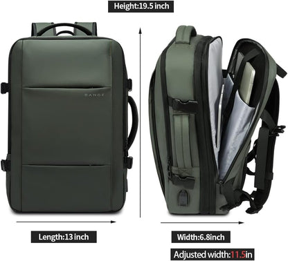 Expandable 26–45 L waterproof travel backpack with laptop compartment and duffel option.