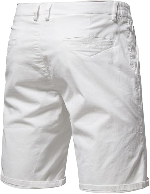 Back view of the shorts in white, showing one visible back pocket, belt loops and turned-up hems. 8