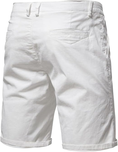 Back view of the shorts in white, showing one visible back pocket, belt loops and turned-up hems. 8