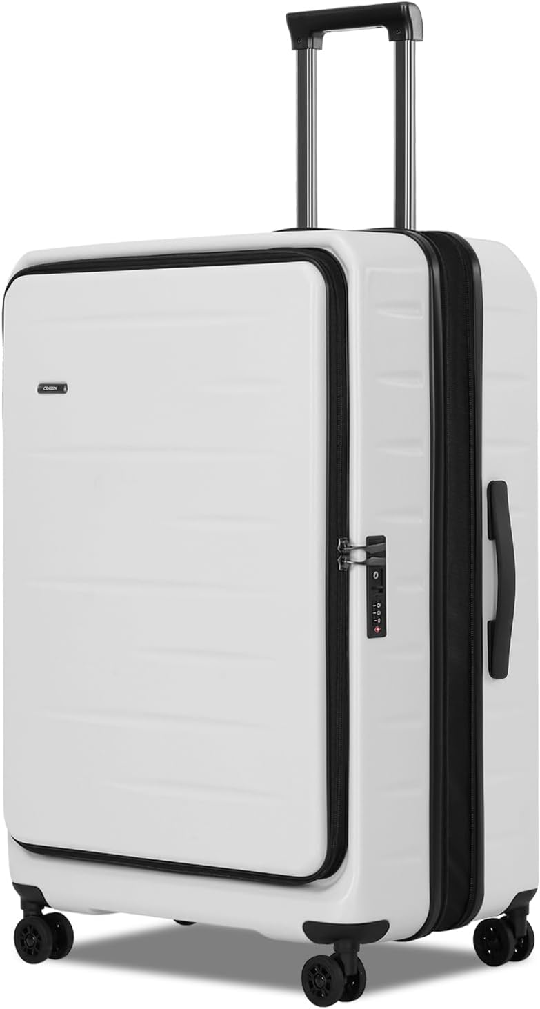 Expandable hard-shell suitcase with front compartment and TSA lock.