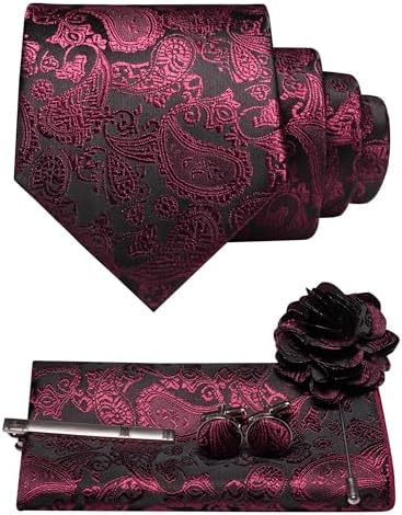 Wine red paisley on black tie set with pocket square, tie clip, cufflinks and flower lapel brooch. 35