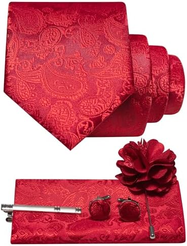 Bright red paisley tie set with matching pocket square, cufflinks, tie clip and flower lapel pin. 13