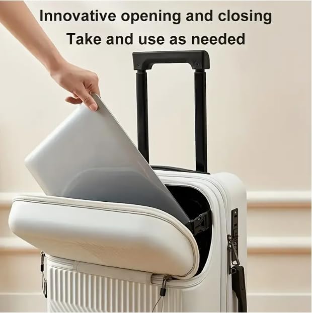 Hard-shell hand luggage with cup holder, USB port and TSA-approved lock.
