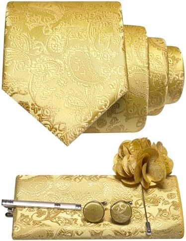 Bright golden yellow paisley tie, pocket square, cufflinks, tie clip and flower lapel pin shown as a matching set. 5