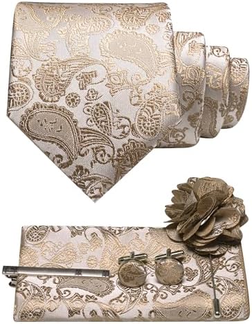 Beige and gold paisley tie set with matching pocket square, cufflinks, tie clip and flower lapel pin. 20