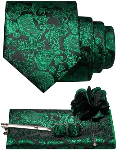 Green and black paisley tie with matching pocket square, cufflinks, tie clip and flower lapel pin. 18