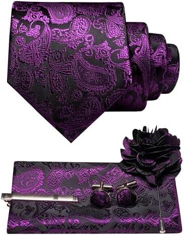 Purple paisley on black tie set flat lay: tie, pocket square, tie clip, cufflinks and flower lapel pin. 28
