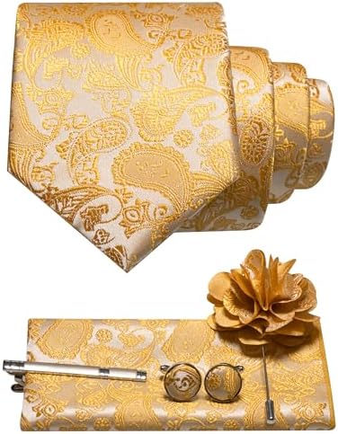 Golden yellow and cream paisley tie with matching pocket square, cufflinks, tie clip and flower lapel pin. 16
