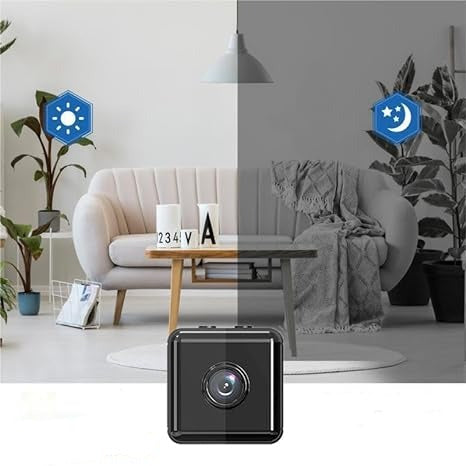 Small black camera below a living room split between daytime colour and darker night-mode view 6