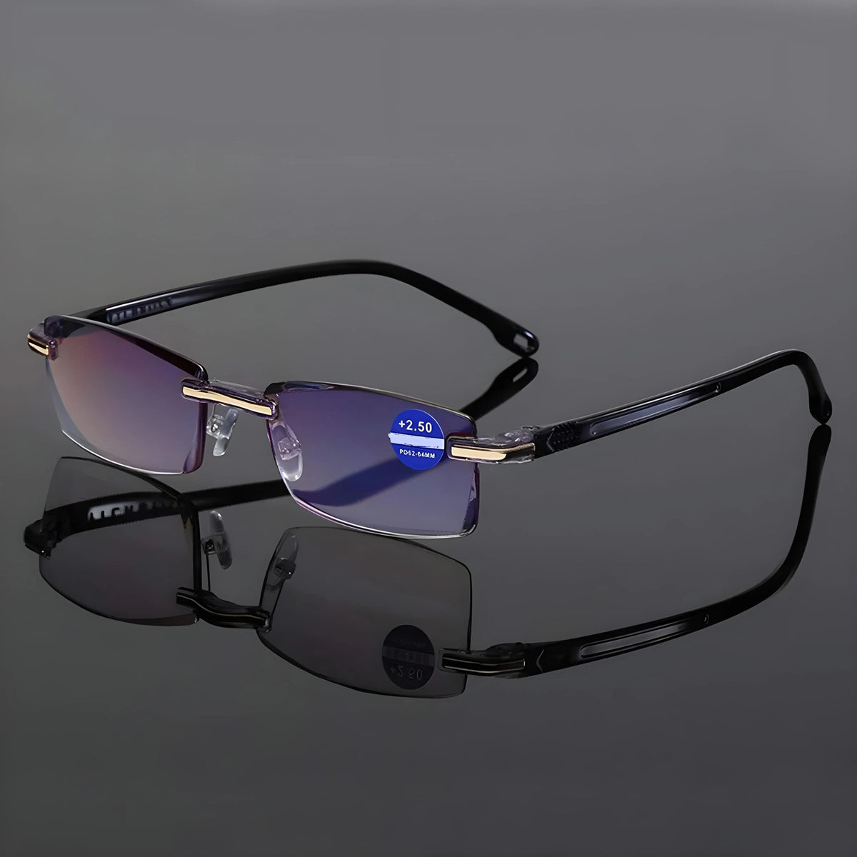 Black-armed rimless glasses with blue-tinted lenses displayed on a reflective grey surface, seen from the front and side. 6