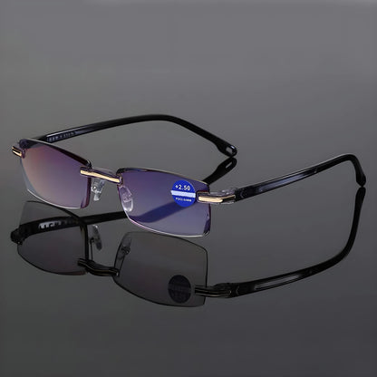 Black-armed rimless glasses with blue-tinted lenses displayed on a reflective grey surface, seen from the front and side. 6