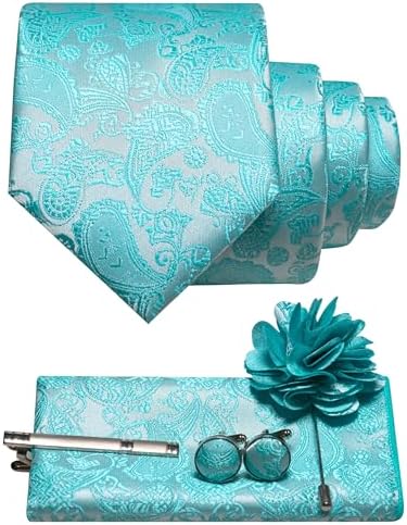 Aqua turquoise paisley tie set flat lay: rolled tie, pocket square, tie clip, cufflinks and flower lapel pin. 34