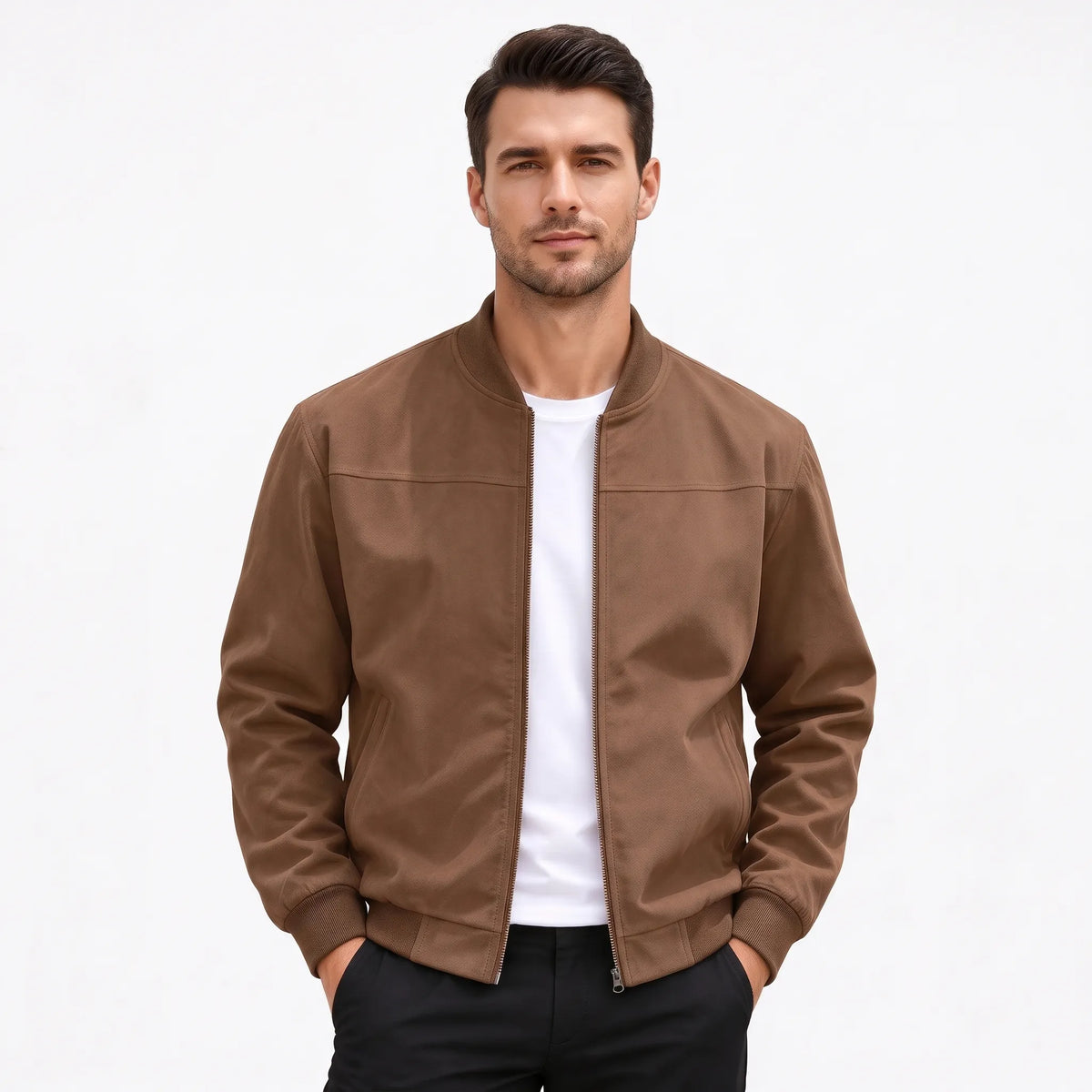 Studio shot of a model in the brown jacket, zip open, hands in trouser pockets 52