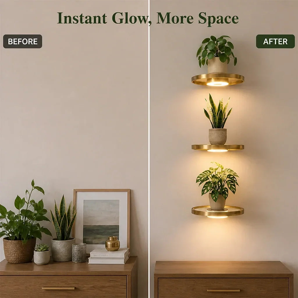 Before-and-after split: a sideboard crowded with plants and ornaments beside the same wall with three illuminated gold shelves above a tidy chest. 4