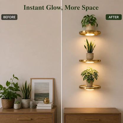 Before-and-after split: a sideboard crowded with plants and ornaments beside the same wall with three illuminated gold shelves above a tidy chest. 4